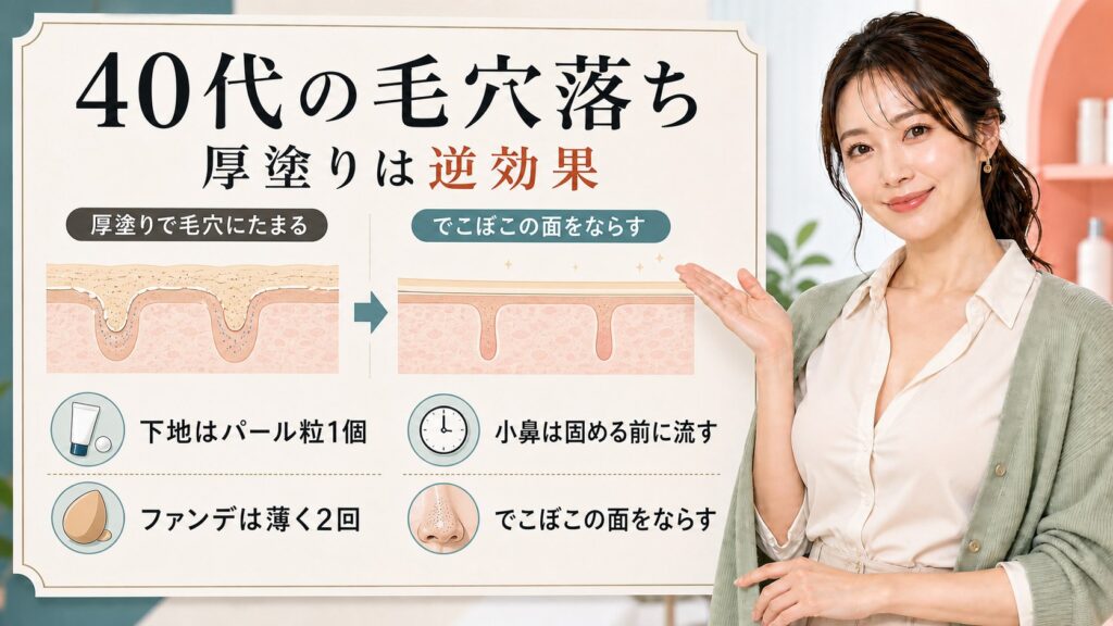 40代の毛穴落ちは厚塗りではなくでこぼこの面をならして薄く塗ることを女性解説者が説明するアイキャッチ