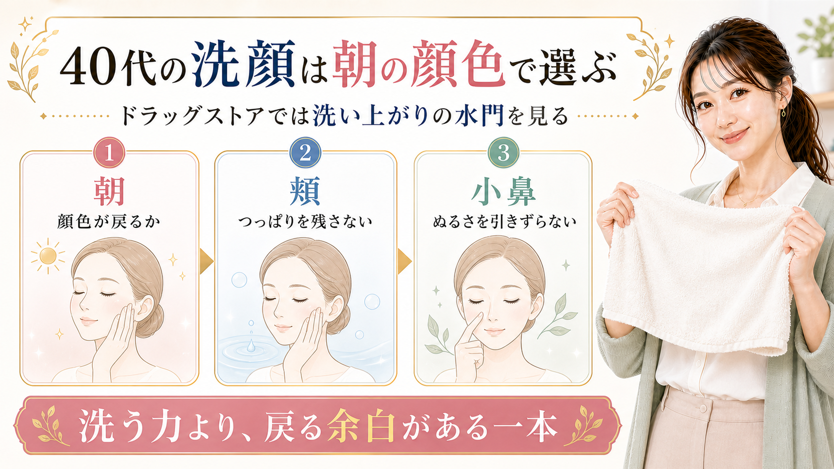 40代の洗顔おすすめは朝の顔色と頬と小鼻で選ぶアイキャッチ