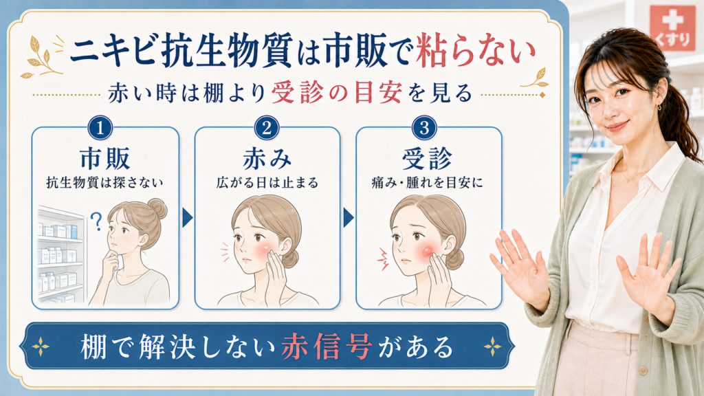ニキビ抗生物質は市販棚ではなく受診目安を見るアイキャッチ