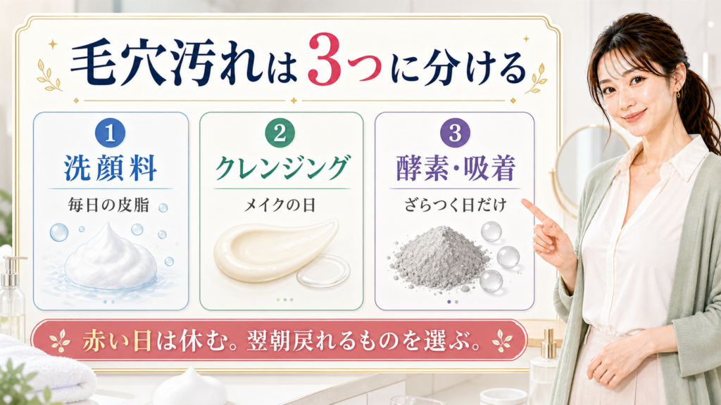 毛穴の汚れに使う洗顔料、クレンジング、酵素洗顔を3つに分けて選ぶ説明ボード