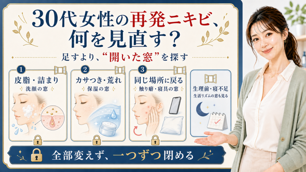 30代女性の再発ニキビで見直す皮脂詰まり・保湿・触り癖寝具の窓を示すアイキャッチ