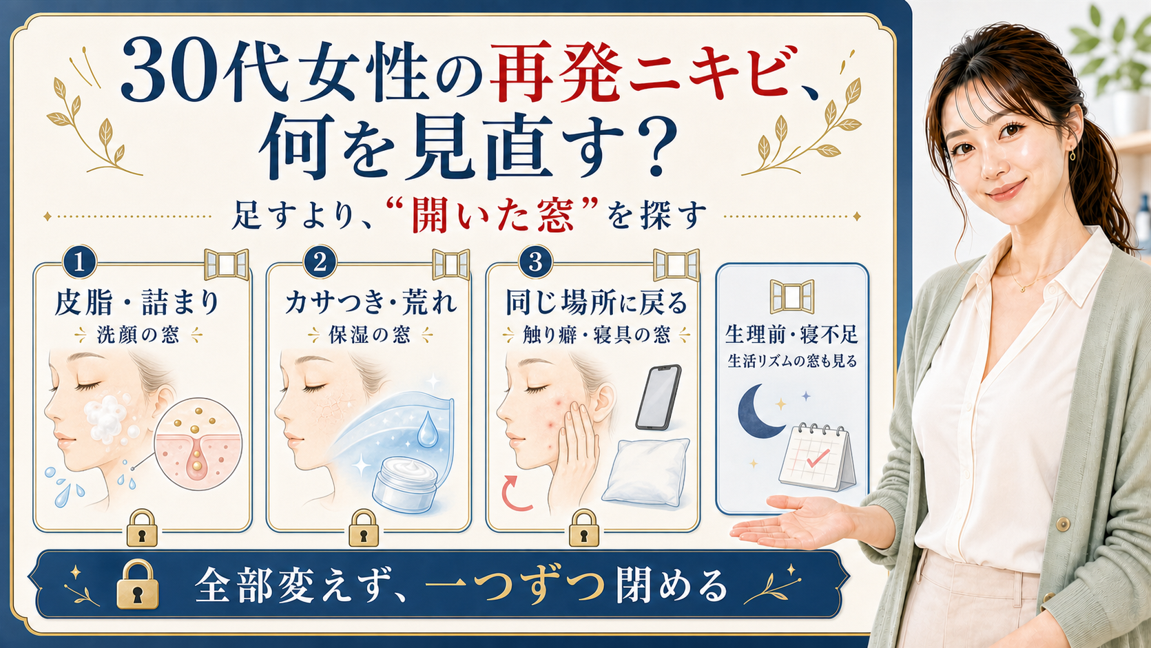 30代女性の再発ニキビで見直す皮脂詰まり・保湿・触り癖寝具の窓を示すアイキャッチ