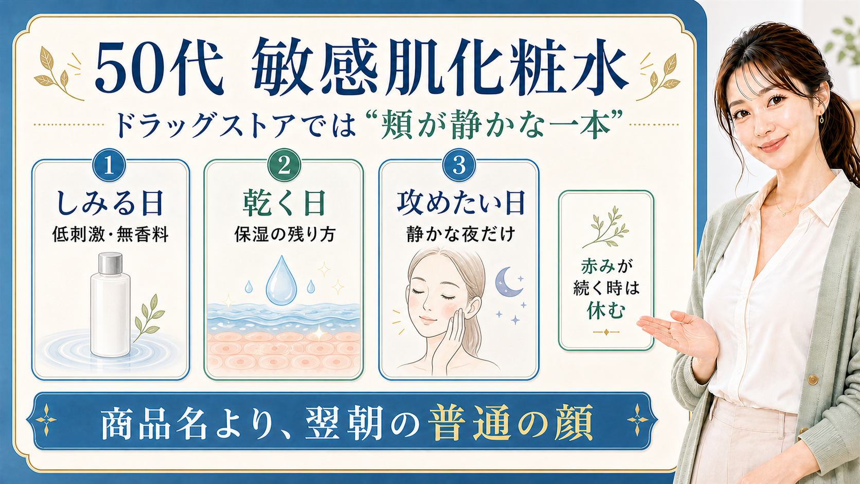 50代の敏感肌化粧水をドラッグストアで選ぶ三つの分け方を示す美容ボード