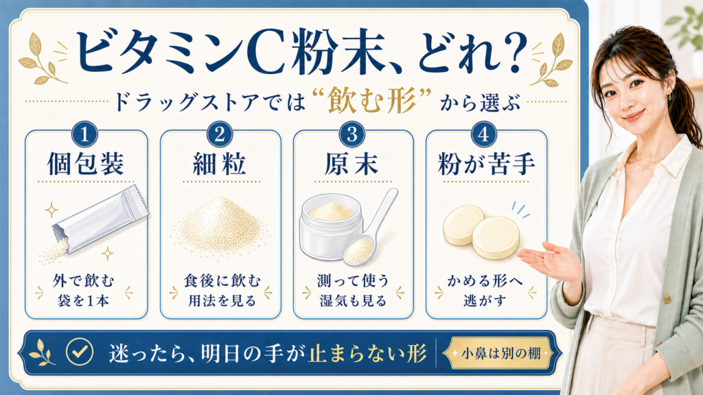 ビタミンC粉末をドラッグストアで選ぶときに個包装、細粒、原末、チュアブルを飲む形で分ける解説ボード