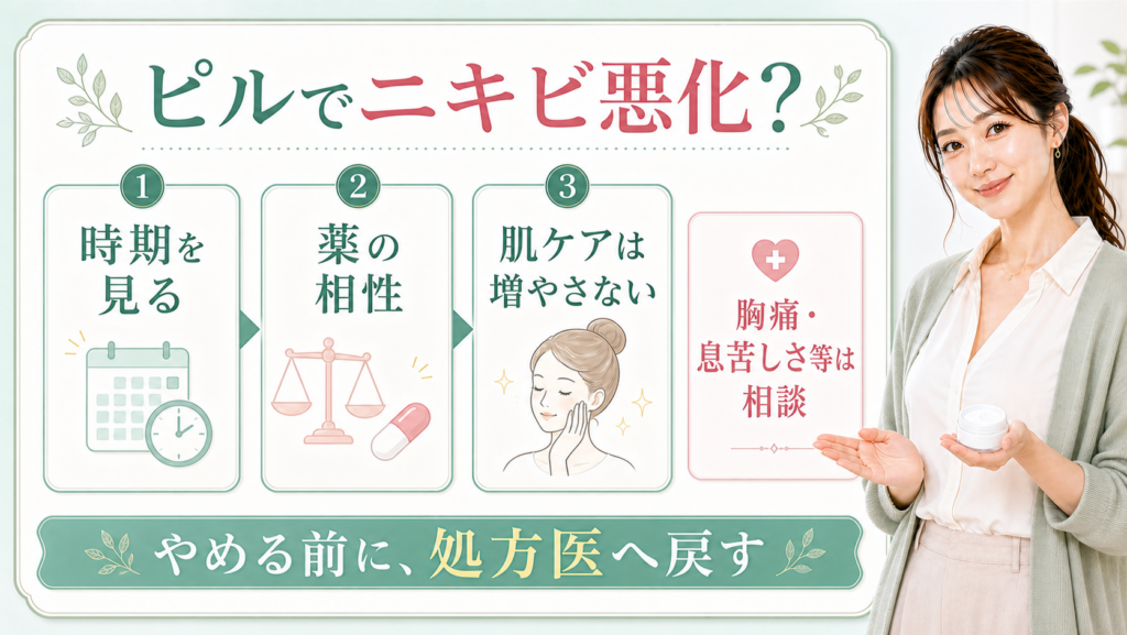ピルでニキビ悪化時に時期を見る、薬の相性、肌ケアは増やさない、やめる前に処方医へ戻すと示すアイキャッチ
