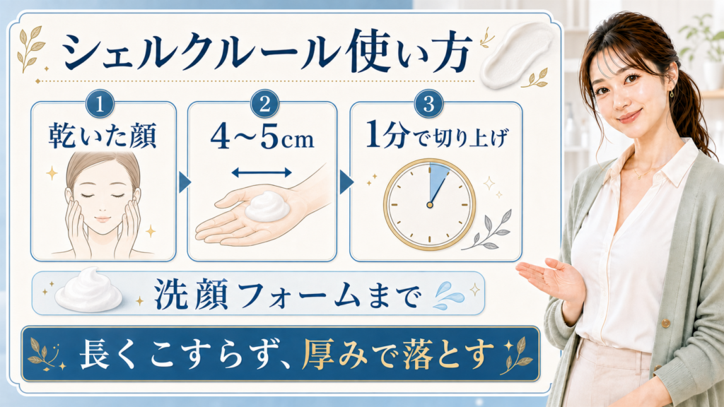 シェルクルールのクレンジング使い方。乾いた顔、4〜5cm、1分で切り上げ、洗顔フォームまでを示す図解