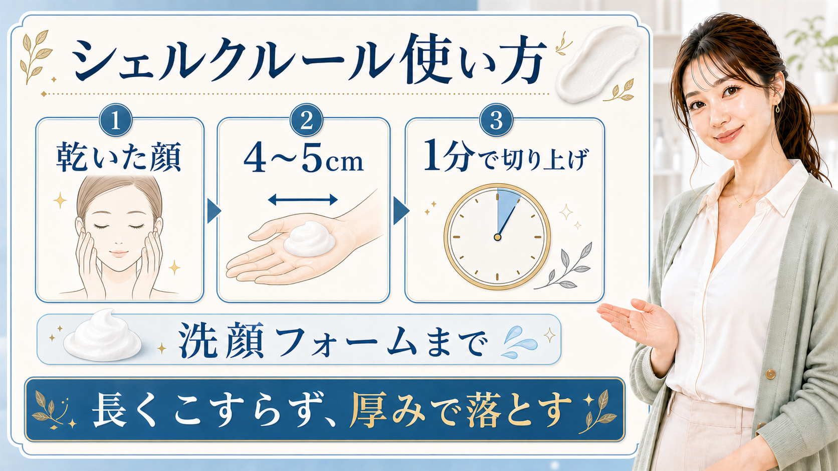 シェルクルールのクレンジング使い方。乾いた顔、4〜5cm、1分で切り上げ、洗顔フォームまでを示す図解