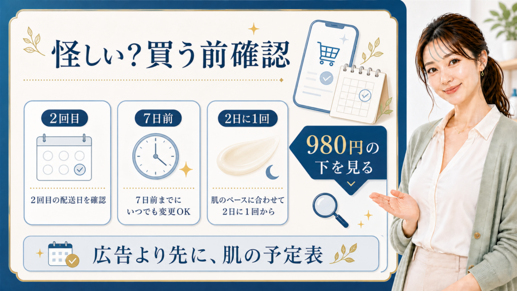 キテンレチノールクリームが怪しいと感じた時に、2回目、7日前、2日に1回、980円の下を見るポイントを示す図解
