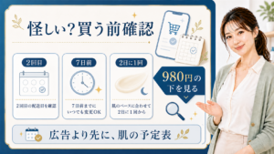 キテンレチノールクリームが怪しいと感じた時に、2回目、7日前、2日に1回、980円の下を見るポイントを示す図解