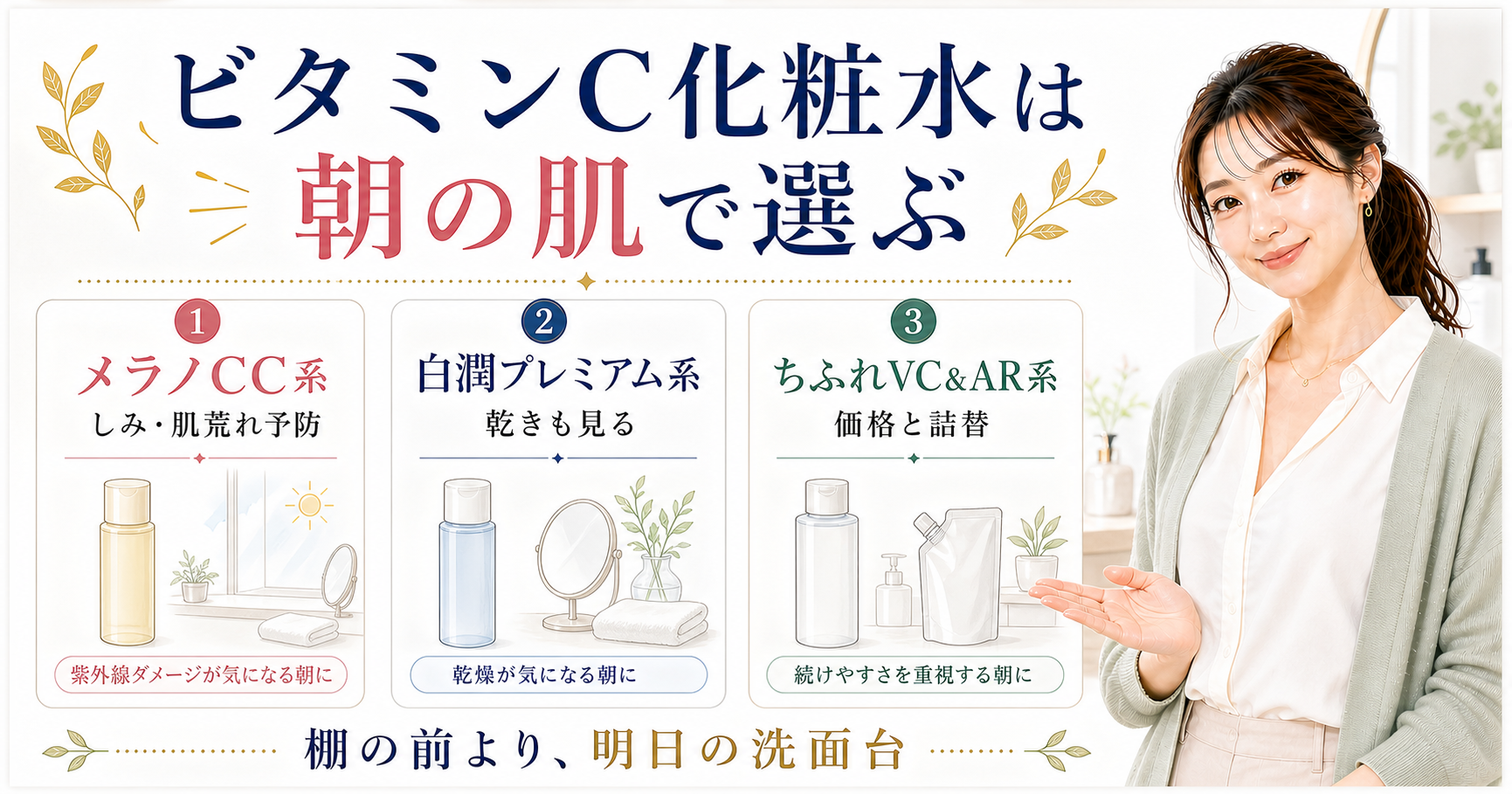 ビタミンC化粧水をメラノCC系、白潤プレミアム系、ちふれVC&AR系で比較する美容ボード