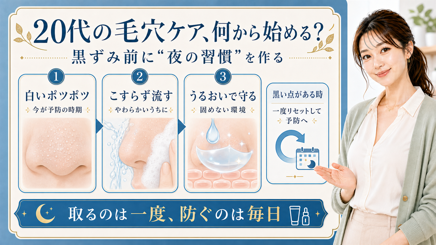 20代の毛穴ケアを白いポツポツの予防・こすらず流す・うるおいで守る夜習慣で示すアイキャッチ