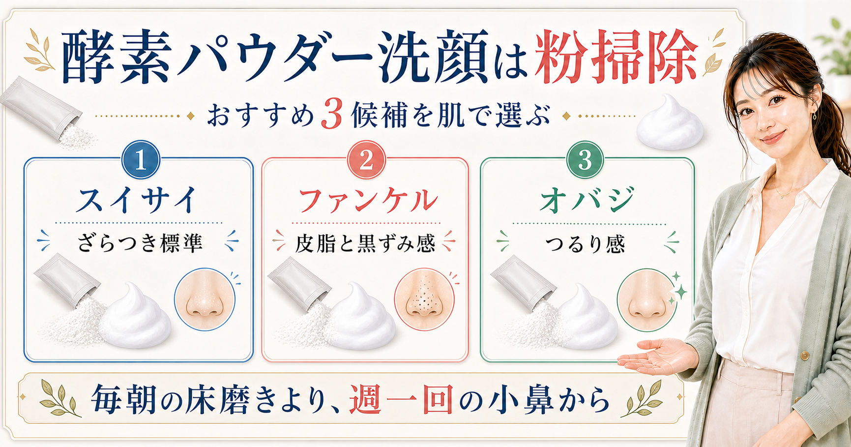 酵素パウダー洗顔をスイサイ、ファンケル、オバジの3候補で比較する美容ボード