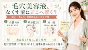 毛穴美容液を小鼻・頬・赤い日に分けて置く場所を示す美容ボード