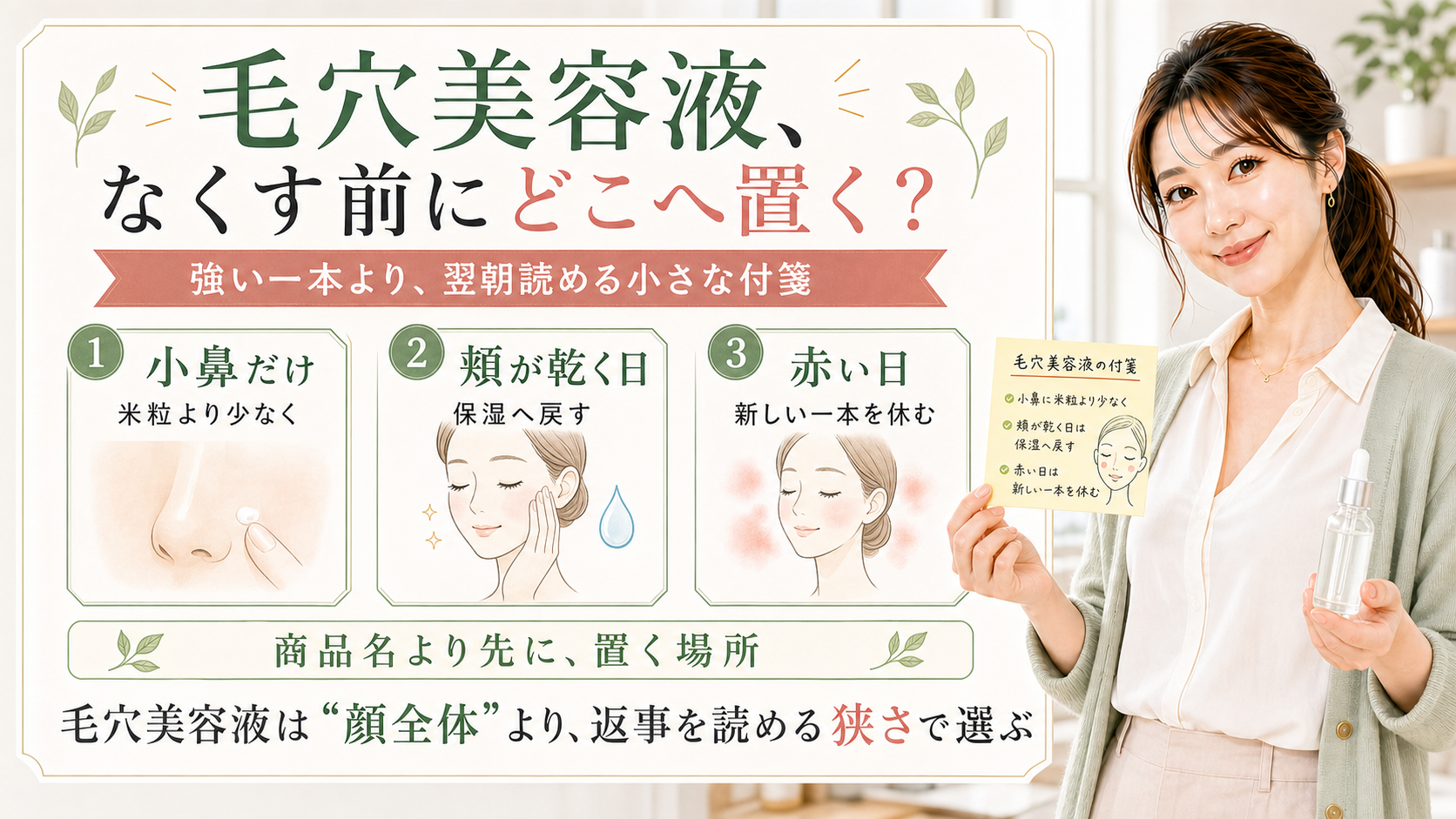 毛穴美容液を小鼻・頬・赤い日に分けて置く場所を示す美容ボード