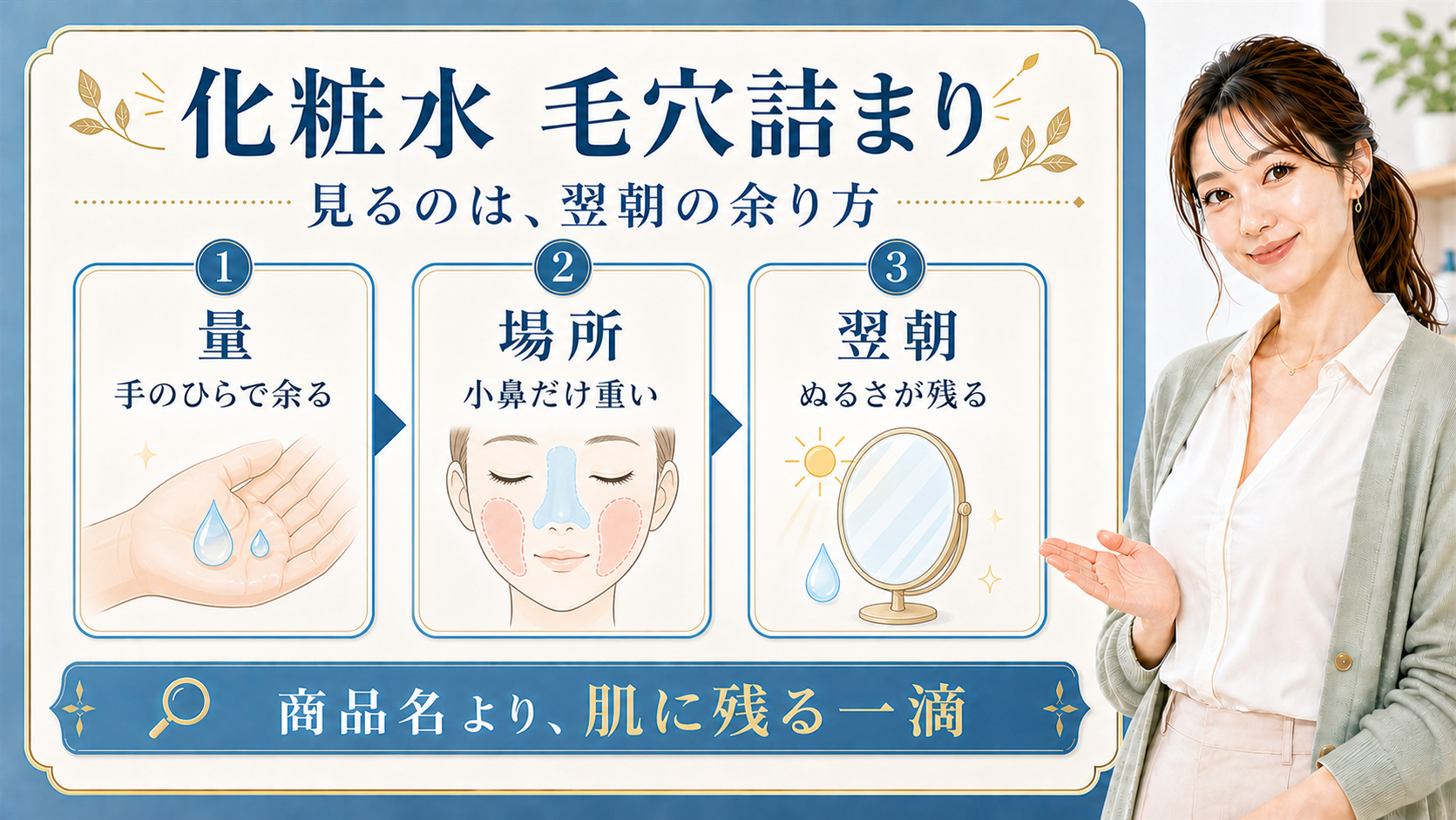 化粧水の毛穴詰まりを量、場所、翌朝の3つで示す美容ボード
