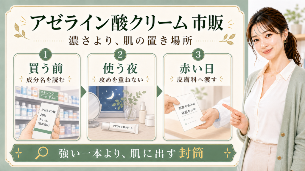 アゼライン酸クリーム市販を買う前、使う夜、赤い日の3つで示す美容ボード
