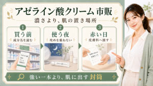 アゼライン酸クリーム市販を買う前、使う夜、赤い日の3つで示す美容ボード