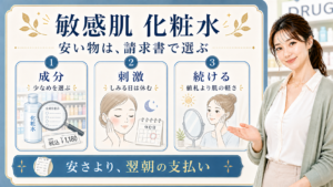 敏感肌化粧水を成分、刺激、続けやすさの3つで示す美容ボード
