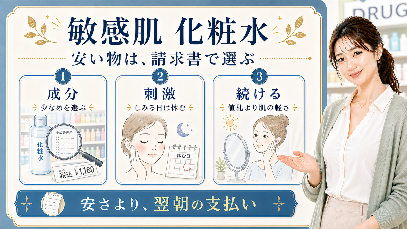 敏感肌化粧水を成分、刺激、続けやすさの3つで示す美容ボード
