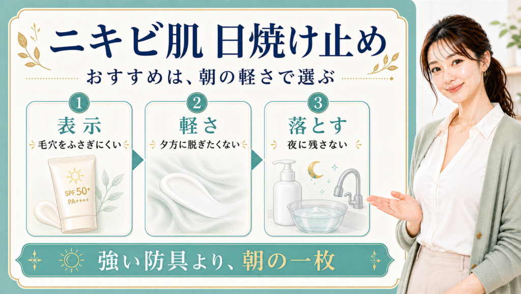 ニキビ肌の日焼け止め選びを表示、軽さ、落とすの3つで示す美容ボード