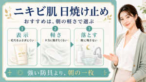 ニキビ肌の日焼け止め選びを表示、軽さ、落とすの3つで示す美容ボード