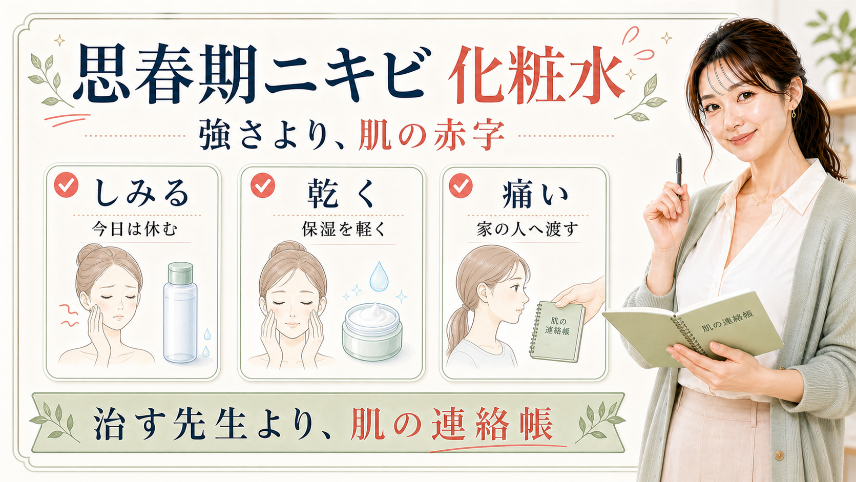 思春期ニキビの化粧水選びをしみる、乾く、痛いの3つで示す美容ボード