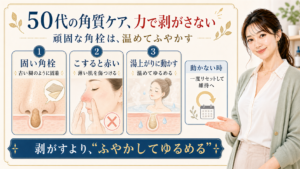 50代の顔の角質ケアで頑固な角栓を力で剥がさず温めてふやかす流れを示すアイキャッチ