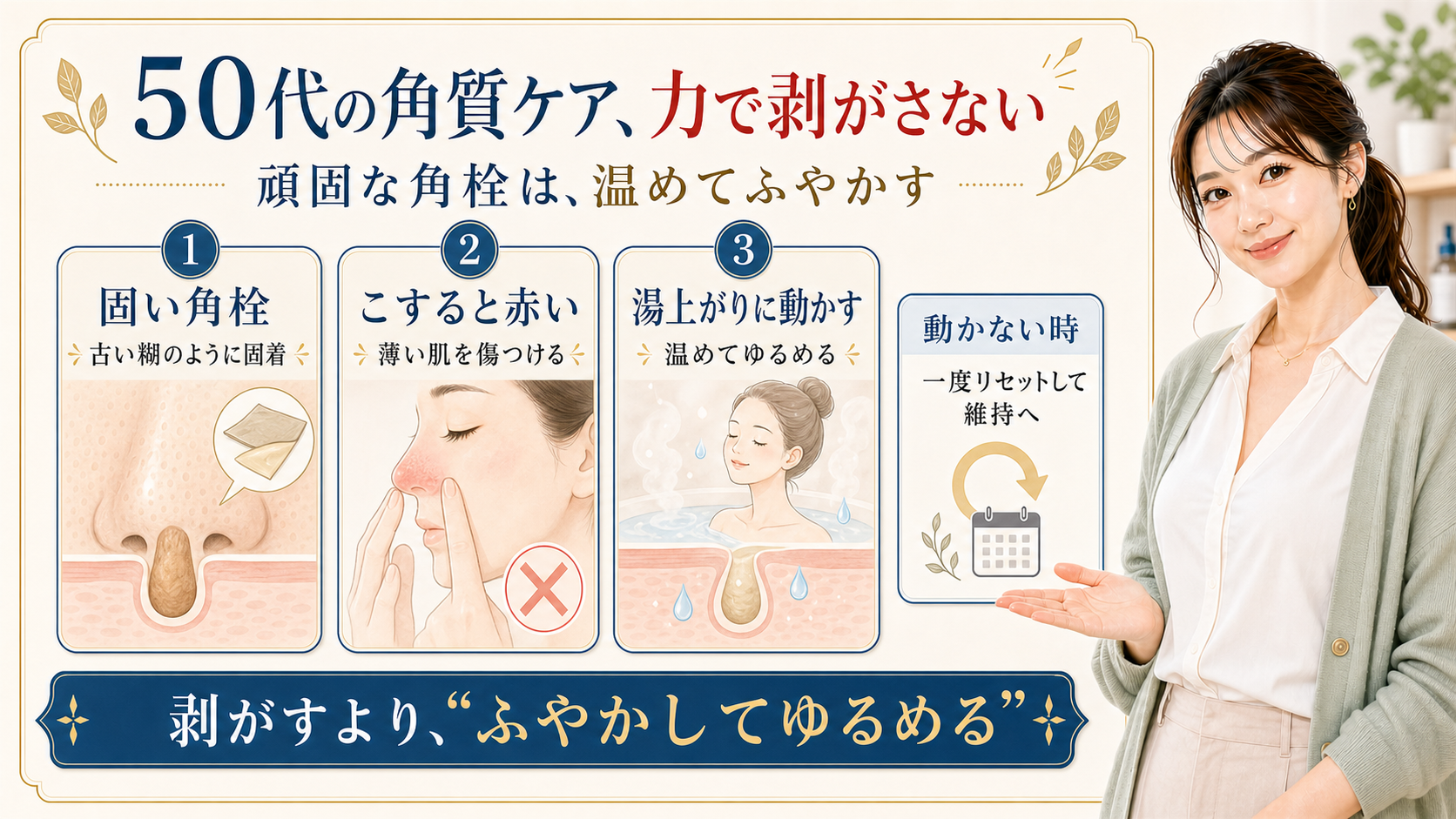 50代の顔の角質ケアで頑固な角栓を力で剥がさず温めてふやかす流れを示すアイキャッチ