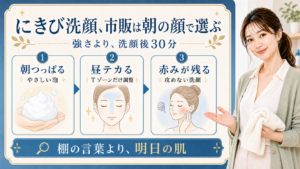 にきび洗顔を市販で選ぶ時に朝つっぱる・昼テカる・赤みが残るで分ける解説ボード