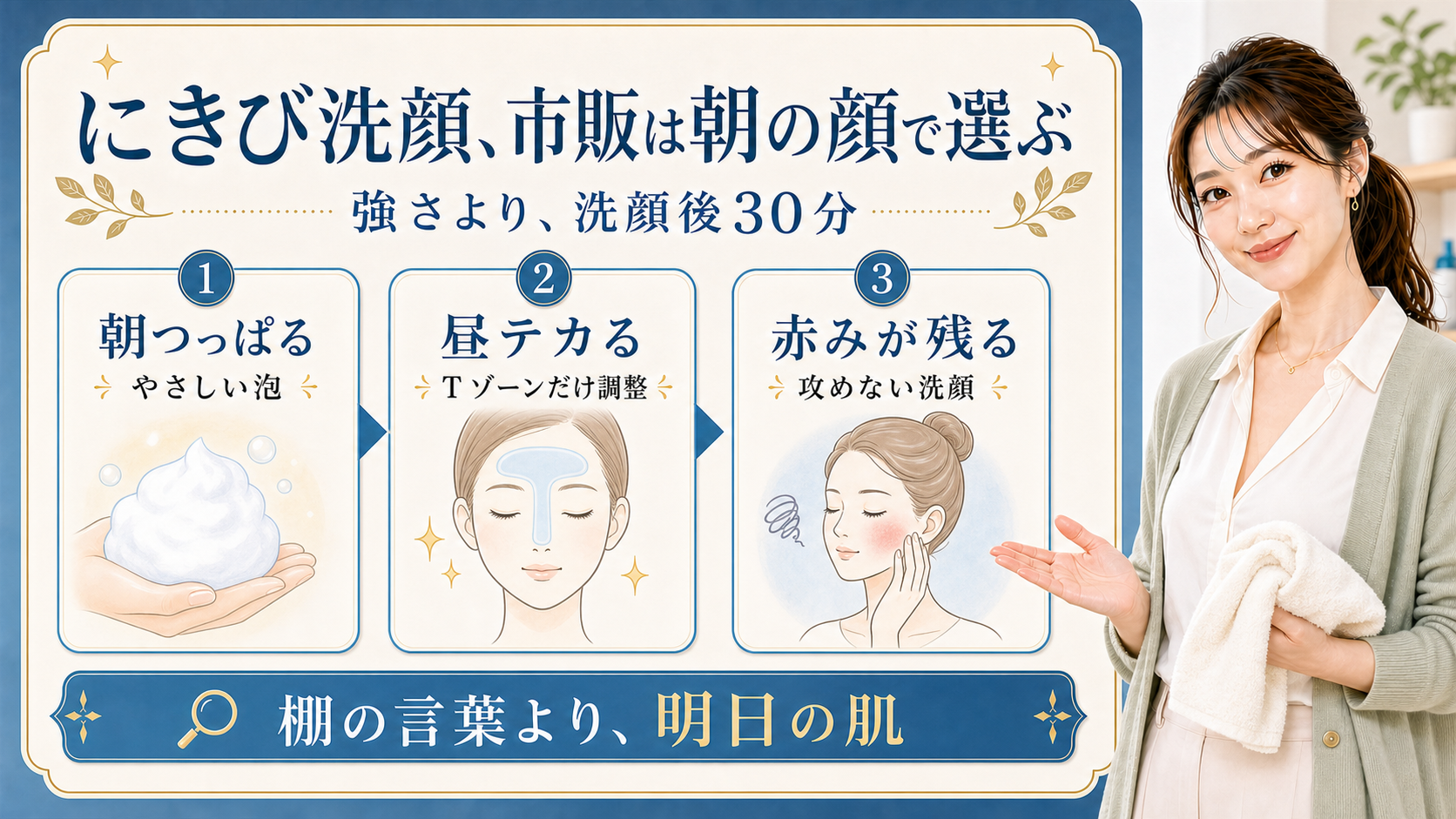 にきび洗顔を市販で選ぶ時に朝つっぱる・昼テカる・赤みが残るで分ける解説ボード