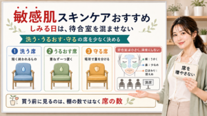 敏感肌スキンケアをドラッグストアで選ぶ時に洗う・うるおす・守るを分けるアイキャッチ