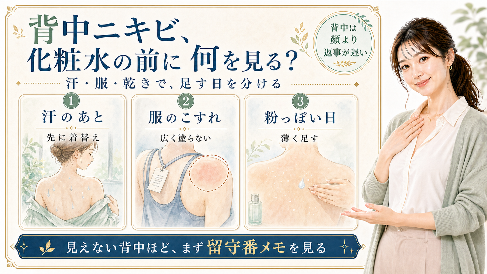 背中ニキビに化粧水は必要?汗・服・乾きで分ける使い方のアイキャッチ