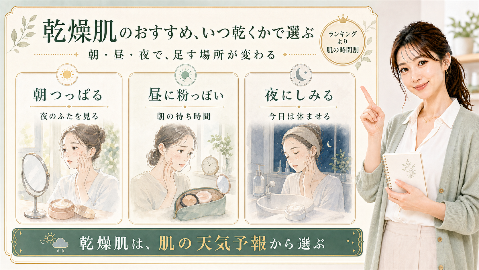 乾燥肌のおすすめは何で選ぶ?朝・昼・夜の乾き方で分けるアイキャッチ