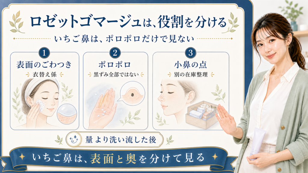 ロゼットゴマージュはいちご鼻に使える？角質ケアと黒ずみ対策の分け方のアイキャッチ