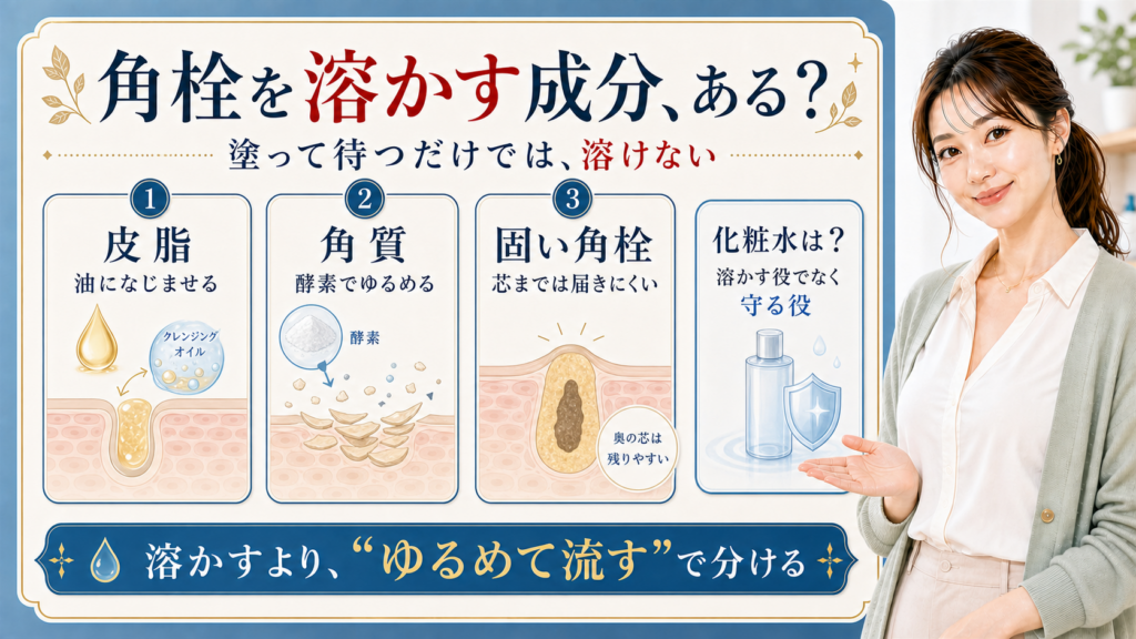 角栓を溶かす成分の疑問に皮脂・角質・固い角栓の違いで答えるアイキャッチ
