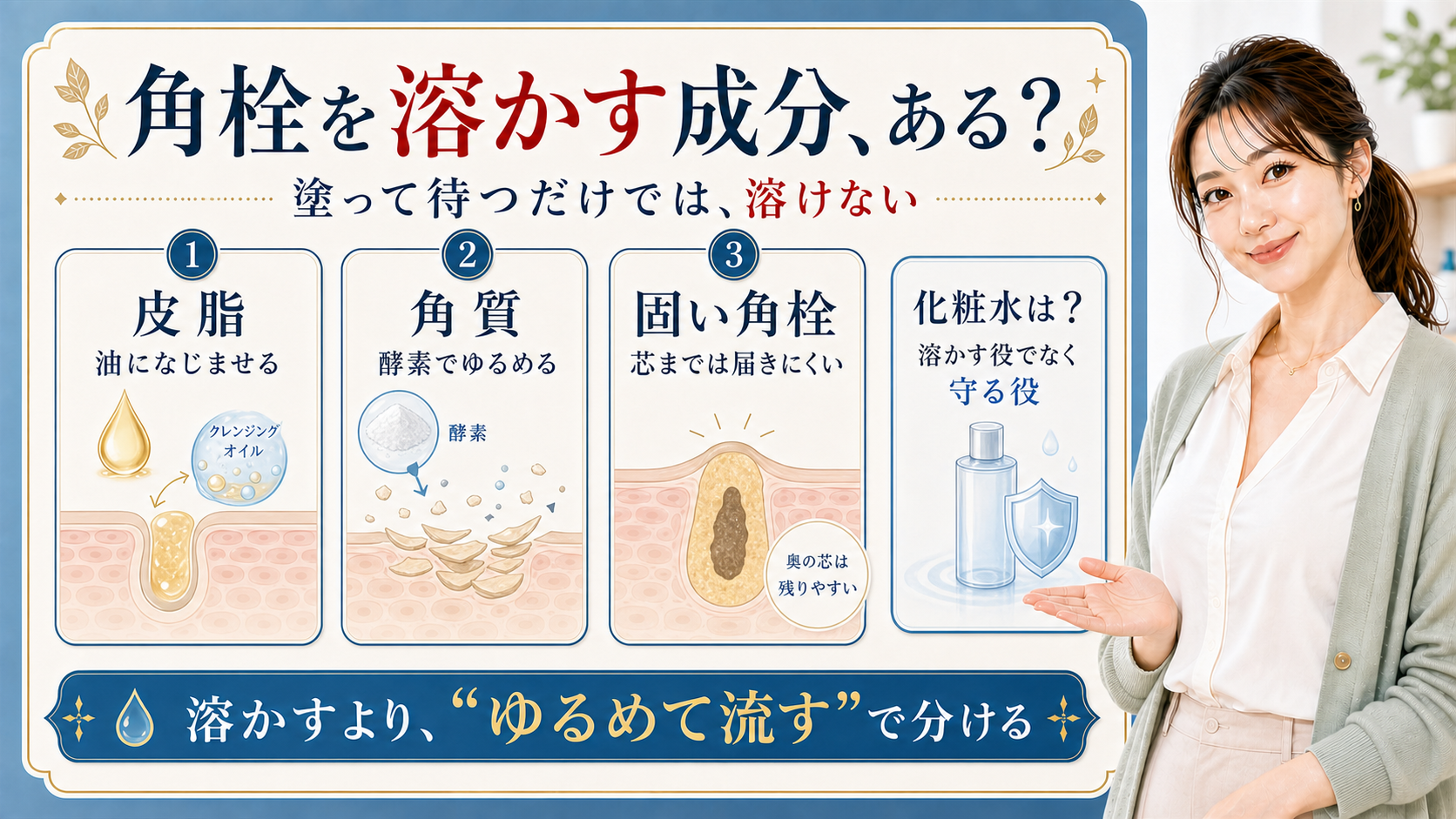 角栓を溶かす成分の疑問に皮脂・角質・固い角栓の違いで答えるアイキャッチ