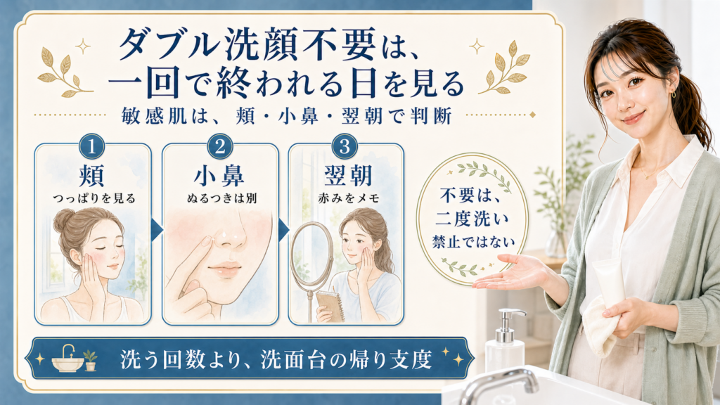 ダブル洗顔不要クレンジングは敏感肌に向く？一回で終わる日の見分け方のアイキャッチ