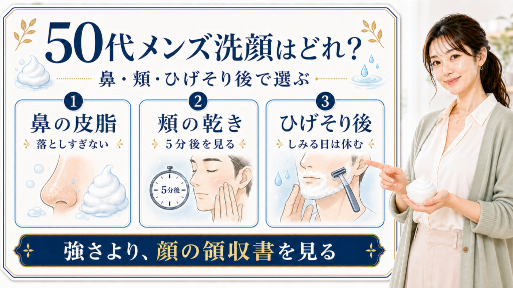 50代メンズ洗顔を鼻の皮脂、頬の乾き、ひげそり後で整理した図