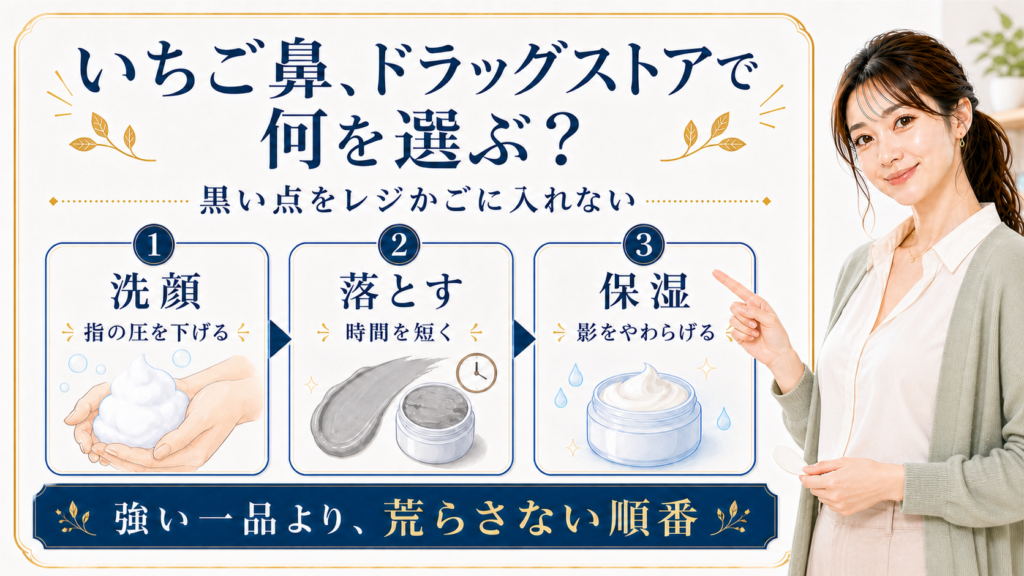 いちご鼻のドラッグストア選びを洗顔、落とす、保湿で整理した図