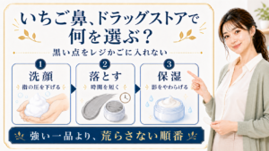 いちご鼻のドラッグストア選びを洗顔、落とす、保湿で整理した図