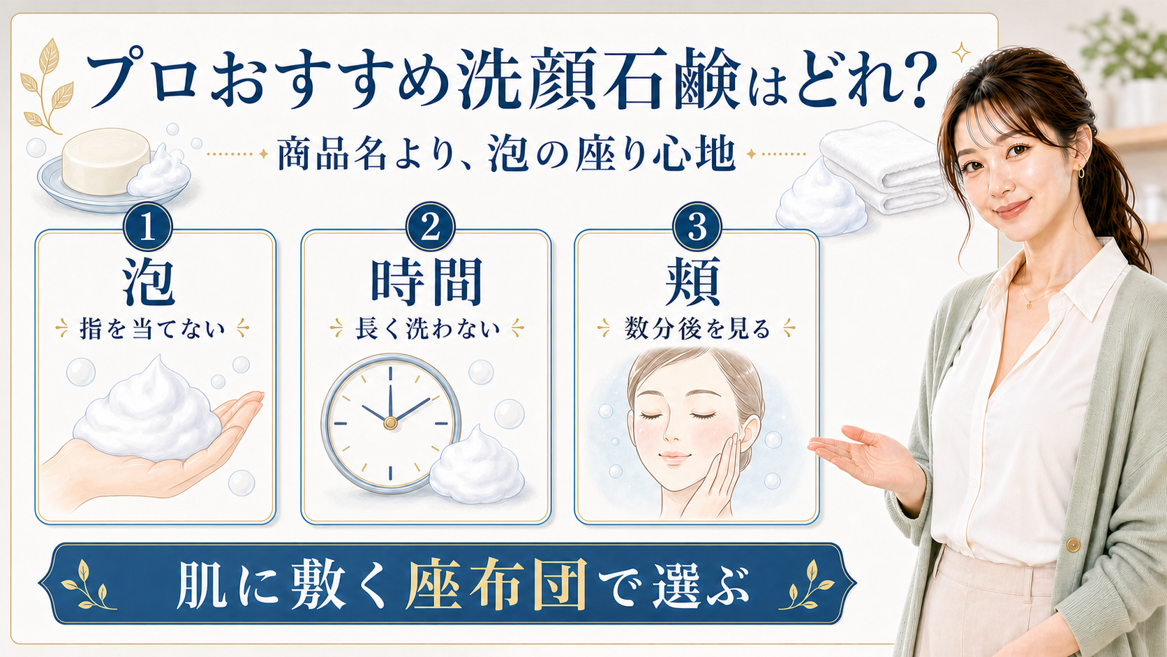 プロおすすめ洗顔石鹸を泡、時間、頬で整理した図