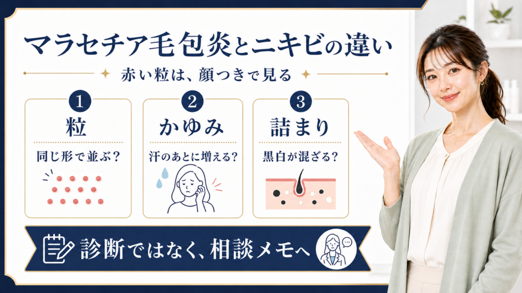 マラセチア毛包炎とニキビの違いを粒、かゆみ、詰まりで整理した図