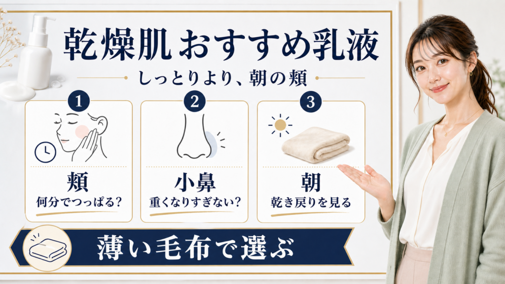 乾燥肌におすすめの乳液を頬、小鼻、朝の乾き戻りで整理した図