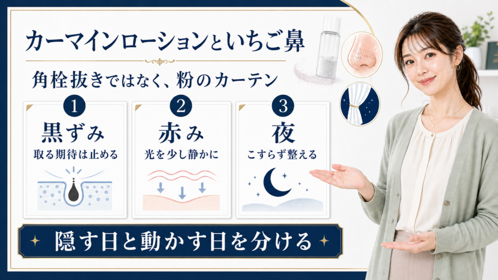 カーマインローションといちご鼻を黒ずみ、赤み、夜のケアで整理した図