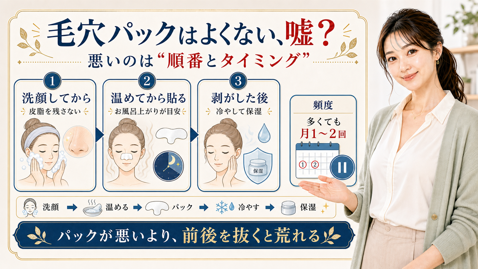 毛穴パックはよくないのかを洗顔・温め・剥がした後の順番とタイミングで説明するアイキャッチ