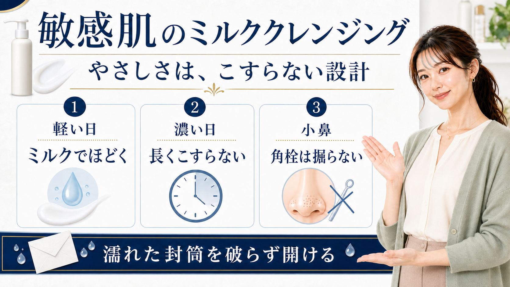 敏感肌のミルククレンジングを軽い日、濃い日、小鼻で整理した図