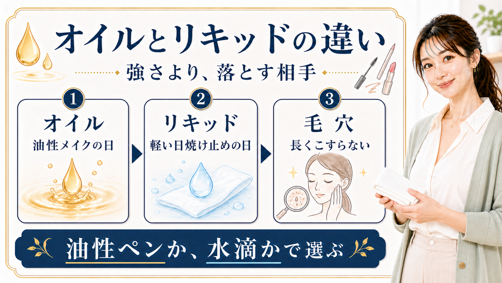 クレンジングオイルとリキッドの違いをオイル、リキッド、毛穴で整理した図