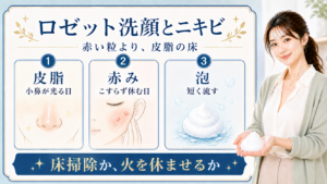 ロゼット洗顔とニキビを皮脂、赤み、泡で整理した図