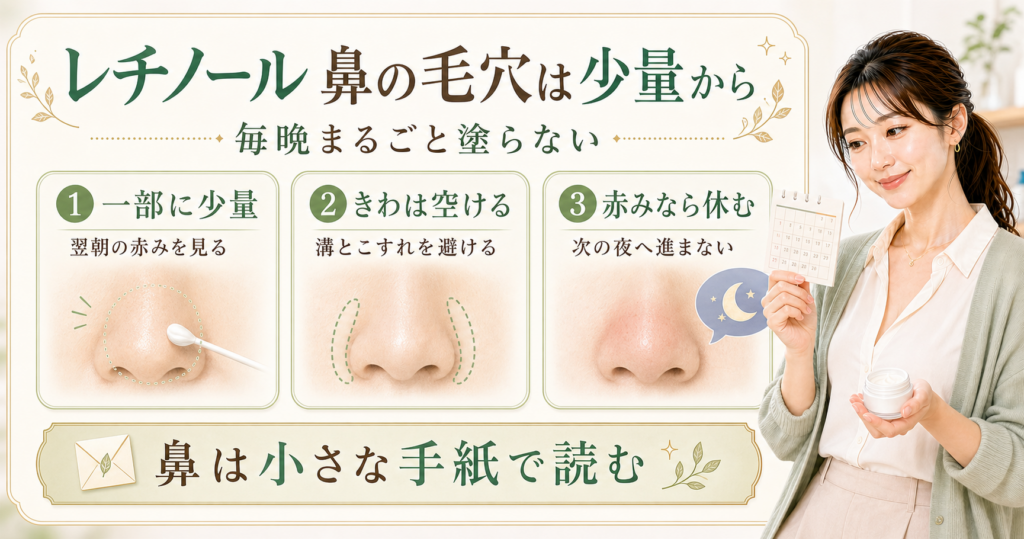 レチノールを鼻の毛穴に使う前に、一部に少量、きわは空ける、赤みなら休むを示すアイキャッチ