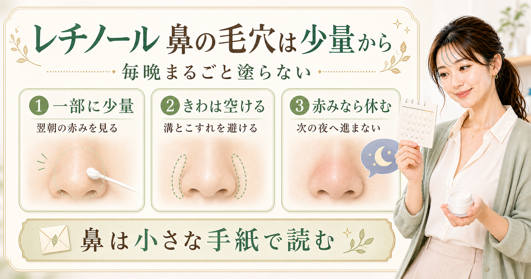 レチノールを鼻の毛穴に使う前に、一部に少量、きわは空ける、赤みなら休むを示すアイキャッチ